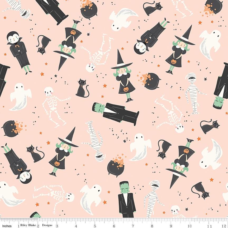 Frank and Friends Halloween 10" Stacker, Riley Blake 10-17470-42, 10" Precut Pink Orange Green Black Halloween Quilt Fabric, My Mind's Eye