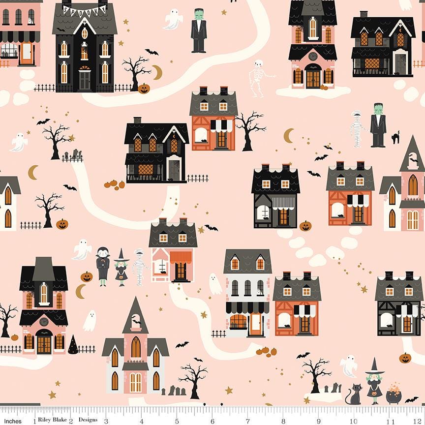 Frank and Friends Halloween 5" Stacker, Riley Blake 5-17470-42, 5" Precut Pink Orange Green Black Halloween Quilt Fabric, My Mind's Eye