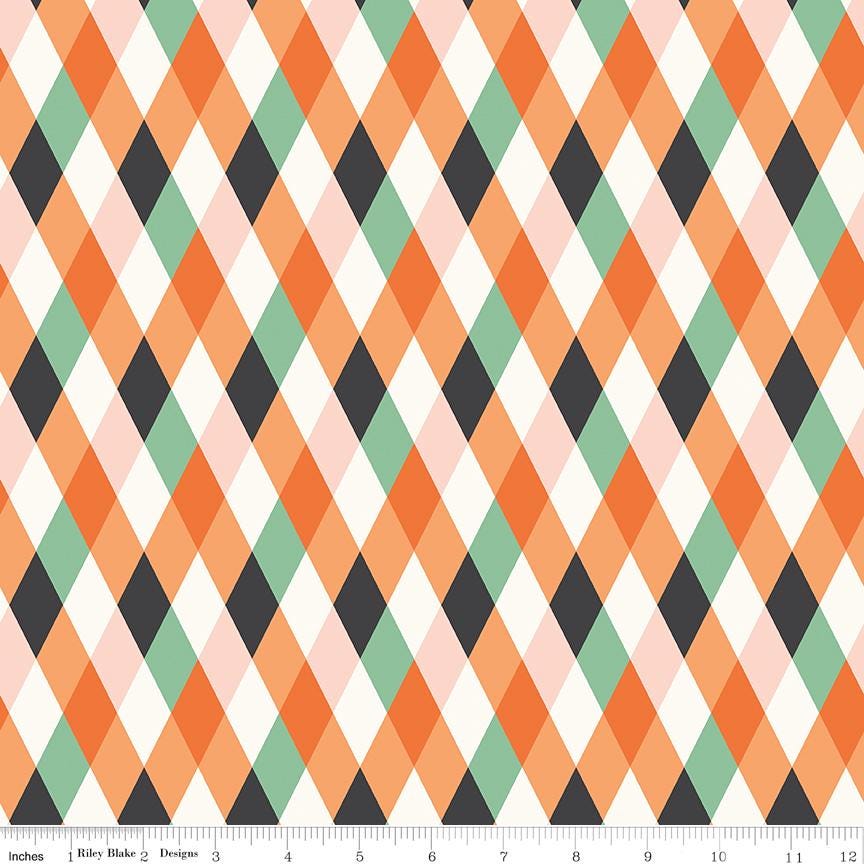 Frank and Friends Halloween 5" Stacker, Riley Blake 5-17470-42, 5" Precut Pink Orange Green Black Halloween Quilt Fabric, My Mind's Eye