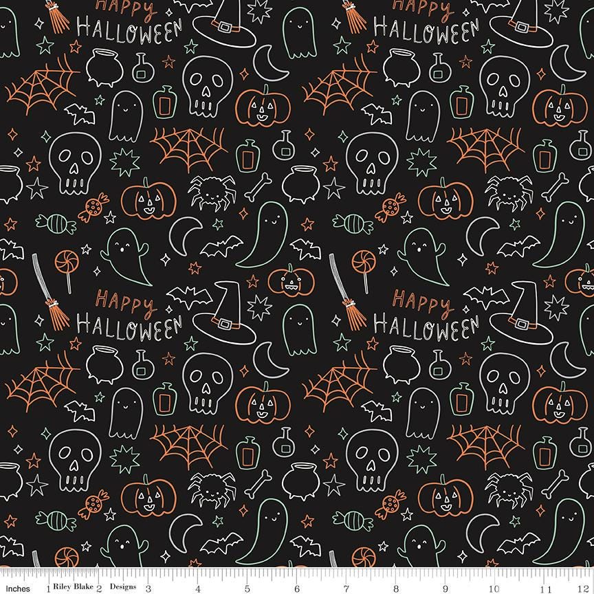 Frank and Friends Halloween 5" Stacker, Riley Blake 5-17470-42, 5" Precut Pink Orange Green Black Halloween Quilt Fabric, My Mind's Eye
