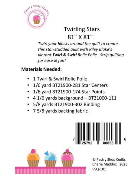 Twirling Stars Quilt Pattern, Pastry Shop Quilts P257-TWIRLINGSTARS, Jelly Roll Strips Friendly Throw Bed Square Quilt Pattern