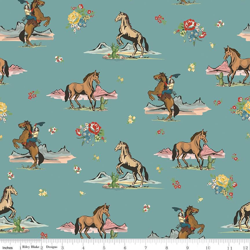 Cowgirl 10" Stacker, Riley Blake 10-17480-42, Pink Blue Brown Yellow Western Floral Highland Cows Boots Quilt Fabric Squares, Echo Park