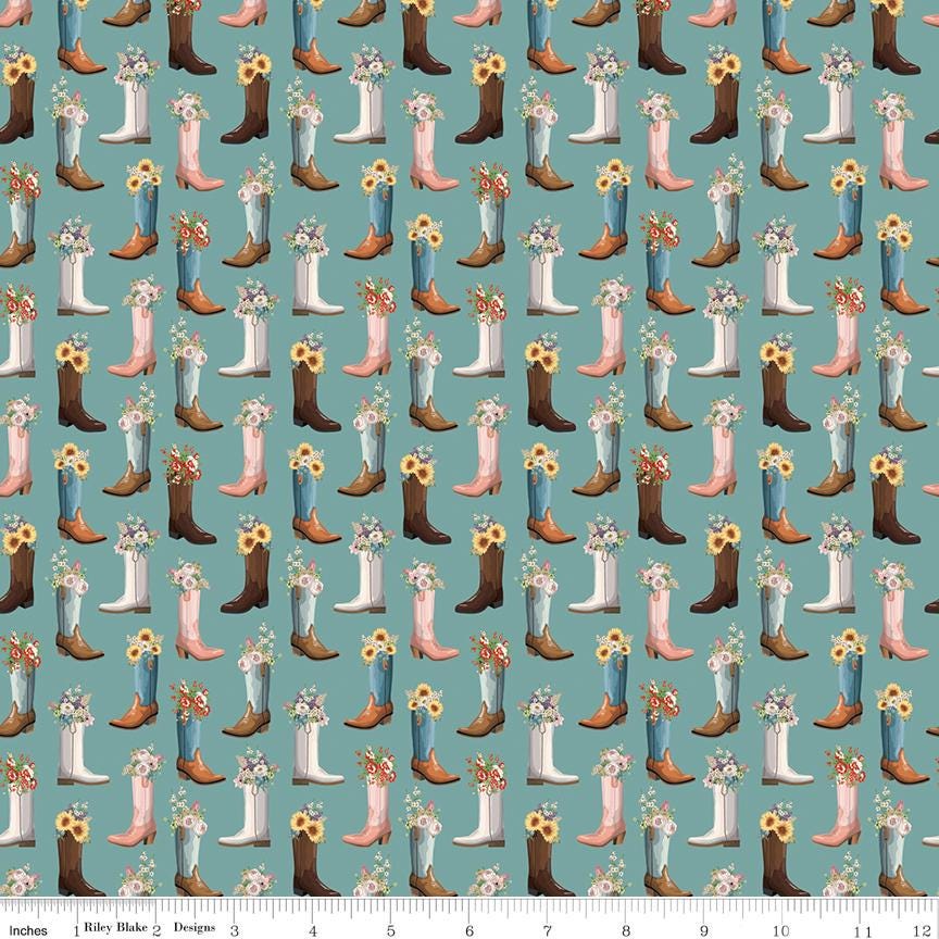 Cowgirl 10" Stacker, Riley Blake 10-17480-42, Pink Blue Brown Yellow Western Floral Highland Cows Boots Quilt Fabric Squares, Echo Park