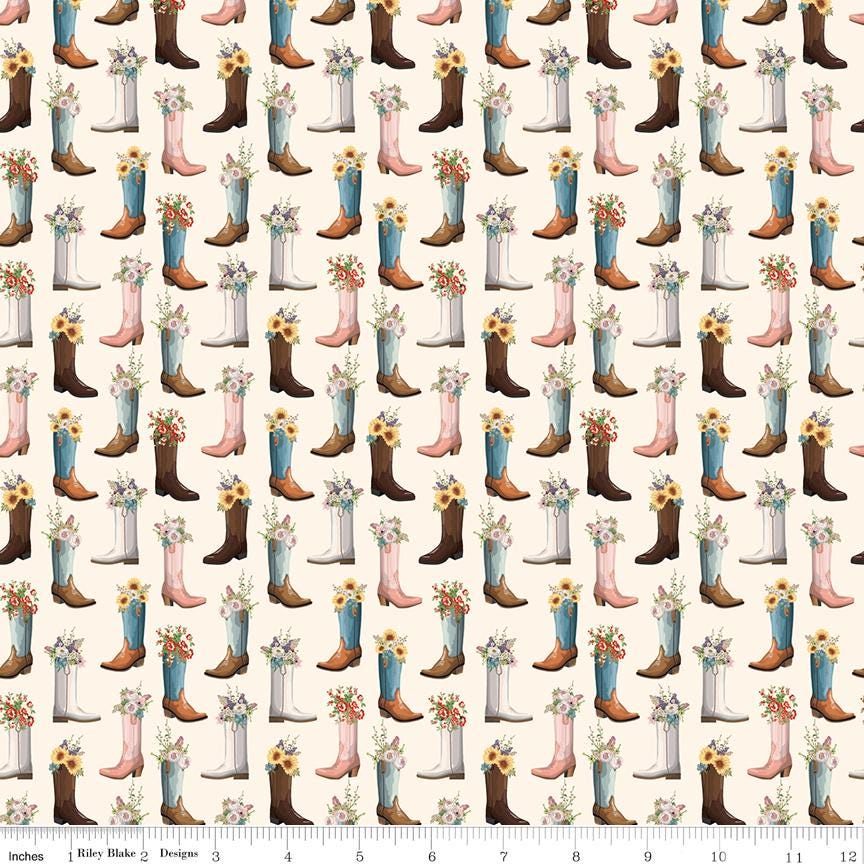 Cowgirl 10" Stacker, Riley Blake 10-17480-42, Pink Blue Brown Yellow Western Floral Highland Cows Boots Quilt Fabric Squares, Echo Park