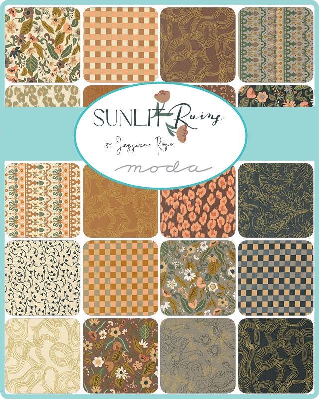 Sunlit Ruins 5" Charm Pack, Moda 38160PP, 5" Precut Cream Brown Gray Green Blue Plum Floral Charm Pack Fabric Squares, Jessica Rose