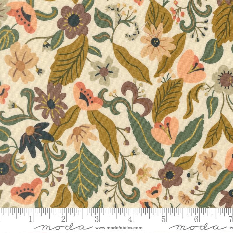 Sunlit Ruins 5" Charm Pack, Moda 38160PP, 5" Precut Cream Brown Gray Green Blue Plum Floral Charm Pack Fabric Squares, Jessica Rose