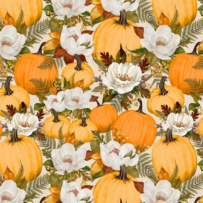 Oh My Gourd 5 Karat Crystals, Wilmington Prints 893-508, Precut 5" Fall Autumn Thanksgiving Pumpkins Floral Fabric Squares Charm Pack