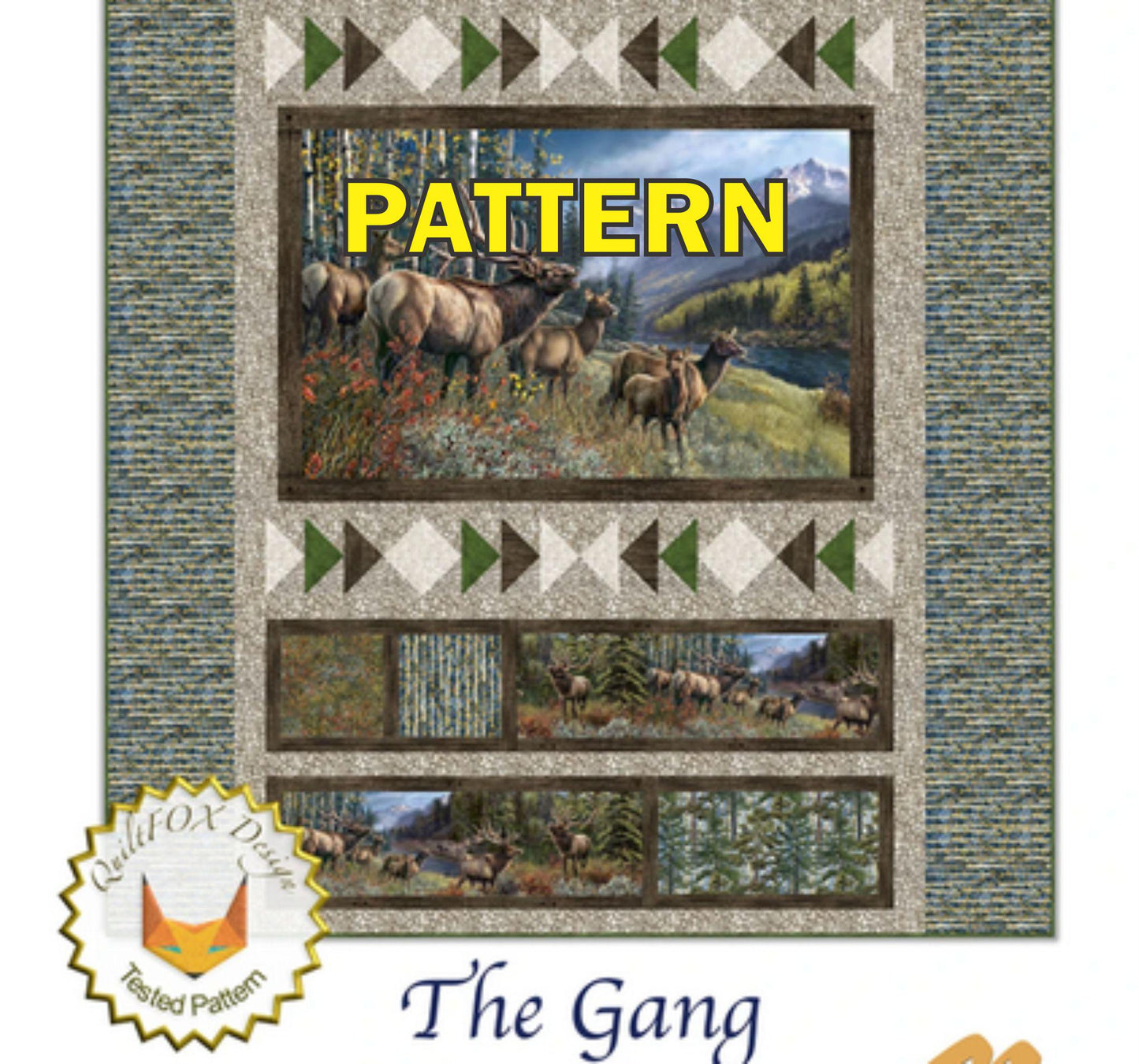 The Gang Panel Frame Quilt PATTERN, QuiltFOX QFOX327 PTN3570, Fabric Panel Friendly Flying Geese Frame Throw Quilt Pattern