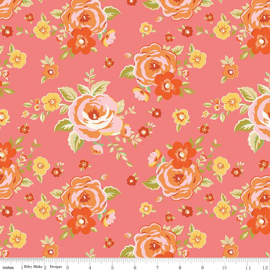 Peach Cobbler 2.5" Rolie Polie, Riley Blake RP-17420-40, 2.5" Precut Pink Peach Yellow Green Floral Jelly Roll Fabric Squares, Lily Ashbury