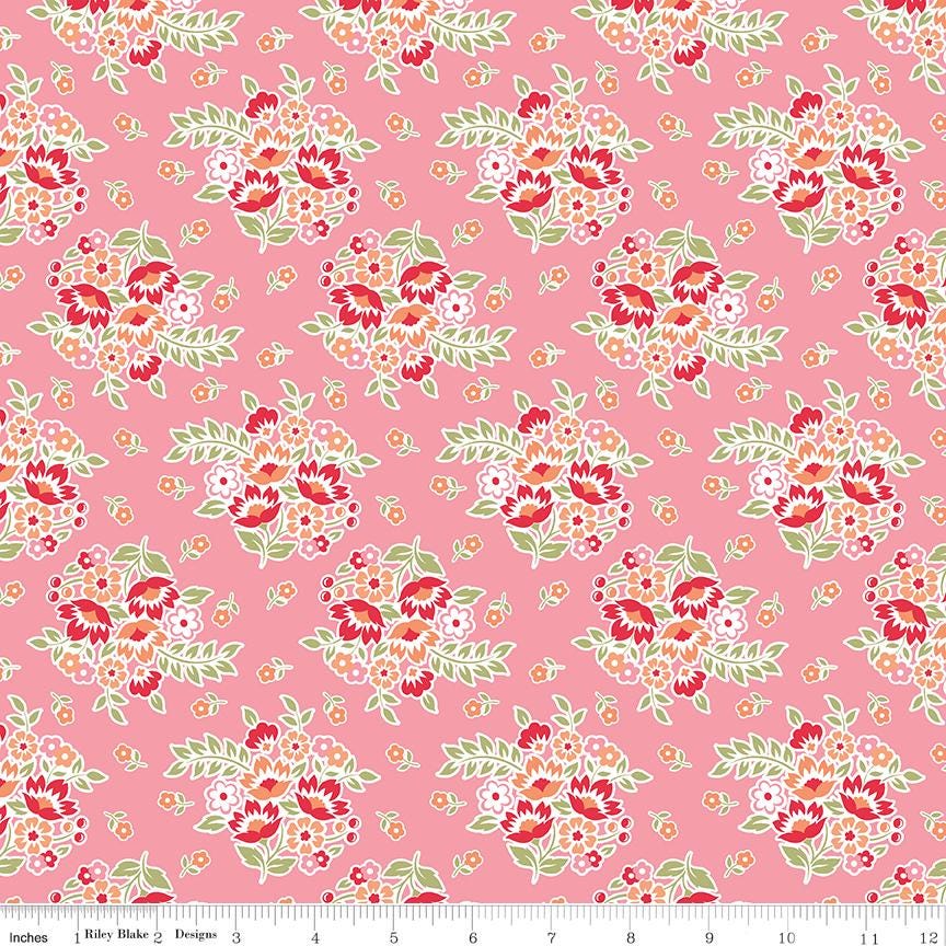 Peach Cobbler 2.5" Rolie Polie, Riley Blake RP-17420-40, 2.5" Precut Pink Peach Yellow Green Floral Jelly Roll Fabric Squares, Lily Ashbury