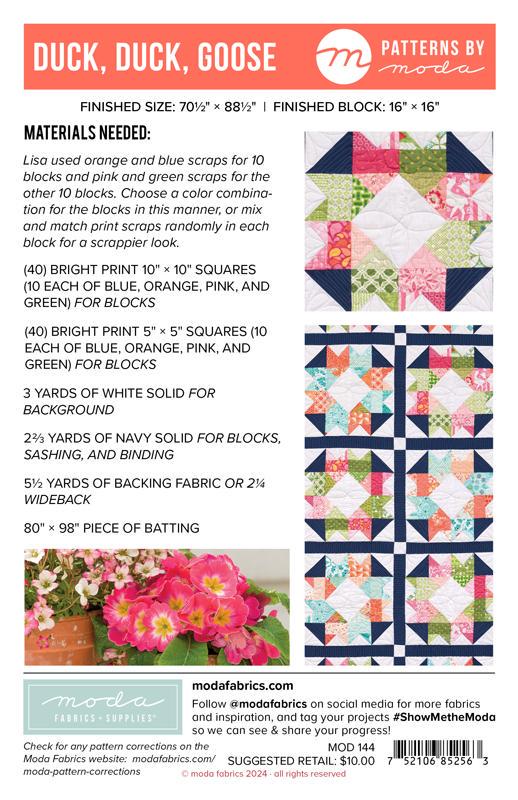 Duck, Duck, Goose Quilt Pattern, Moda MOD144, Layer Cake Charm Squares Friendly Throw Twin Quilt Pattern