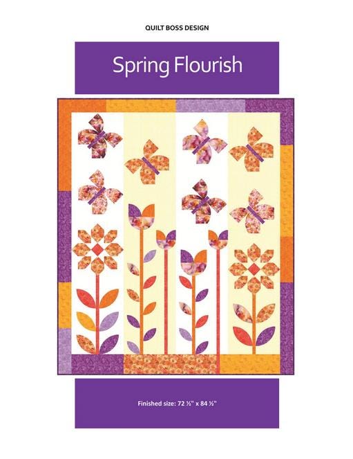 Spring Flourish Quilt Pattern, Quilt Boss QBOSS-6216, Yardage Friendly Flowers Butterflies Throw Quilt Pattern
