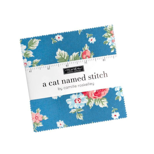 A Cat Named Stitch 5" Charm Pack, Moda 55340PP, 5" Precut Pink Blue Green Floral Charm Pack Fabric Squares, Camille Roskelley