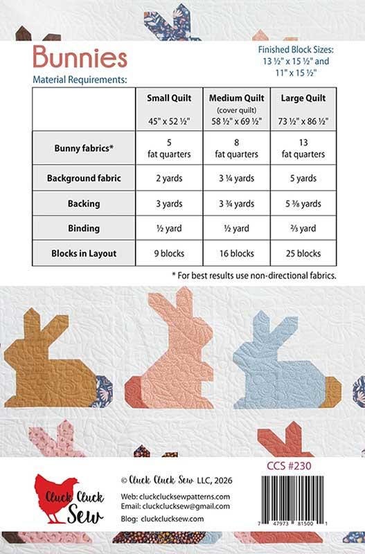 Bunnies Quilt Pattern, Cluck Cluck Sew CCS230, Fat Quarter FQ Friendly Bunny Rabbits Lap Throw Bed Quilt Pattern