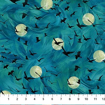 Raven's Call - Flying Ravens on Teal Halloween Fabric, Northcott DP28948-66 Teal, Flying Halloween Crows Fabric, Edwards Samra, By the Yard