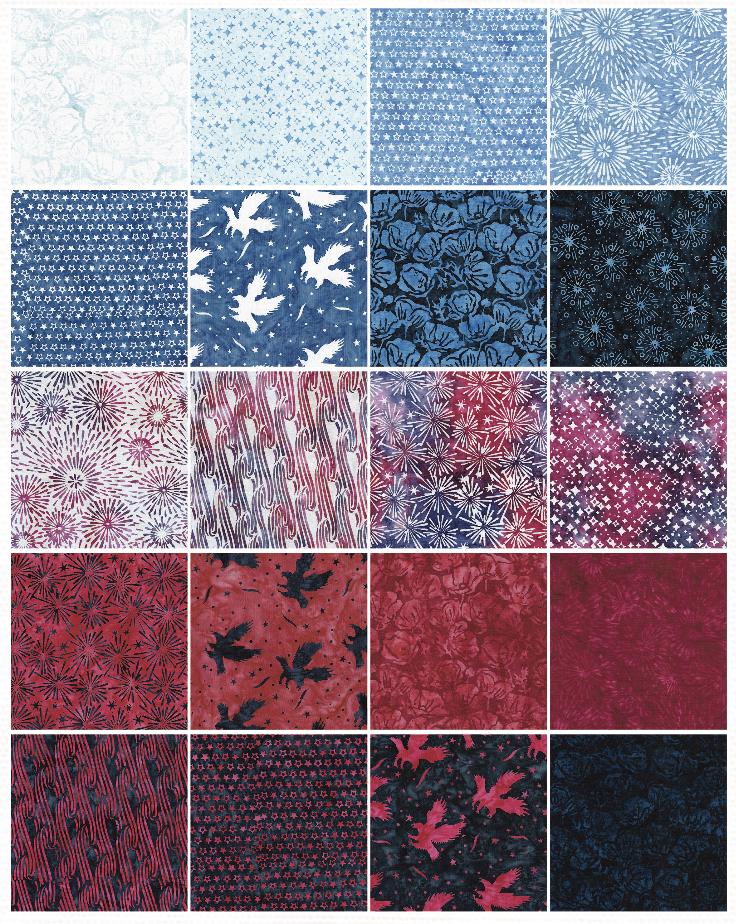 Jubilee 10" Stack, Island Batik, 10" Precut Patriotic Layer Cake Quilt Fabric Squares, Red White Blue Batiks