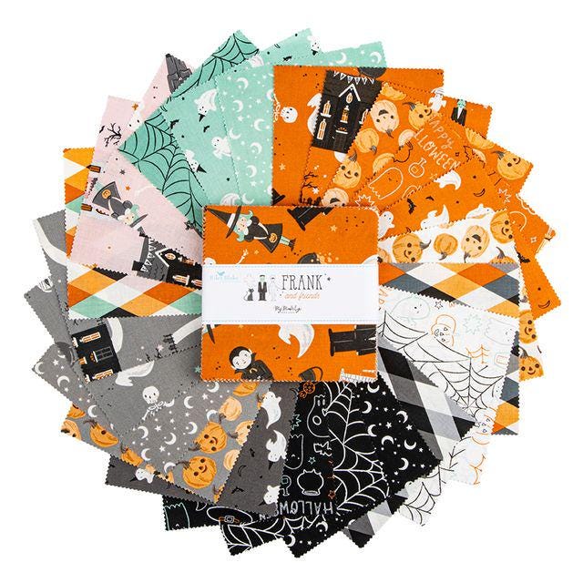 Frank and Friends Halloween 5" Stacker, Riley Blake 5-17470-42, 5" Precut Pink Orange Green Black Halloween Quilt Fabric, My Mind's Eye