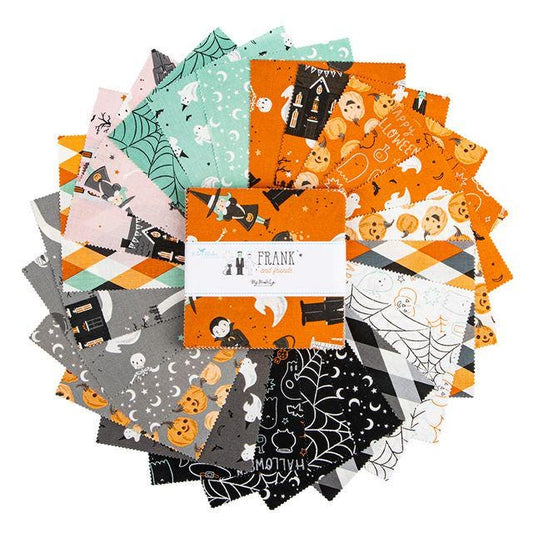 Frank and Friends Halloween 5" Stacker, Riley Blake 5-17470-42, 5" Precut Pink Orange Green Black Halloween Quilt Fabric, My Mind's Eye