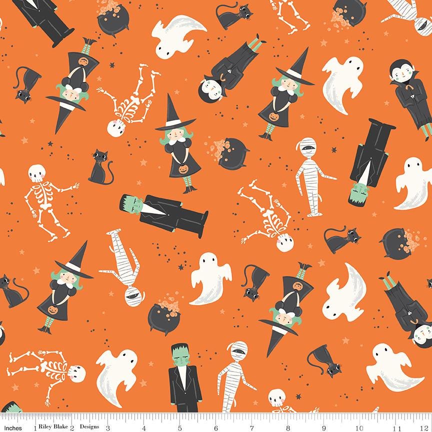 Frank and Friends Halloween 5" Stacker, Riley Blake 5-17470-42, 5" Precut Pink Orange Green Black Halloween Quilt Fabric, My Mind's Eye