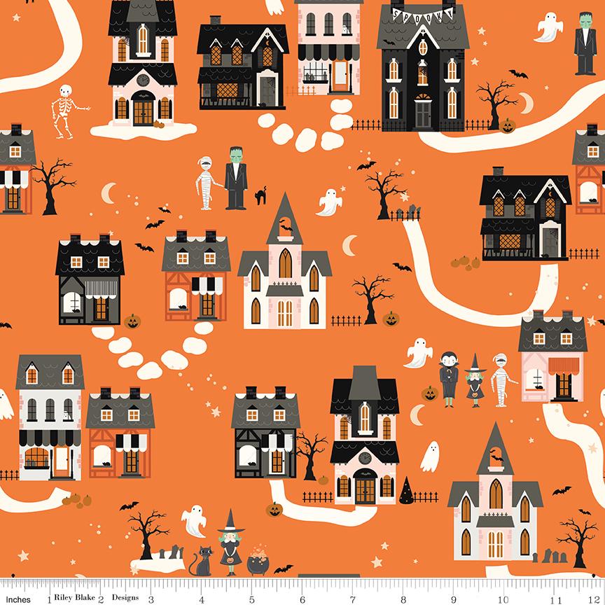 Frank and Friends Halloween 10" Stacker, Riley Blake 10-17470-42, 10" Precut Pink Orange Green Black Halloween Quilt Fabric, My Mind's Eye