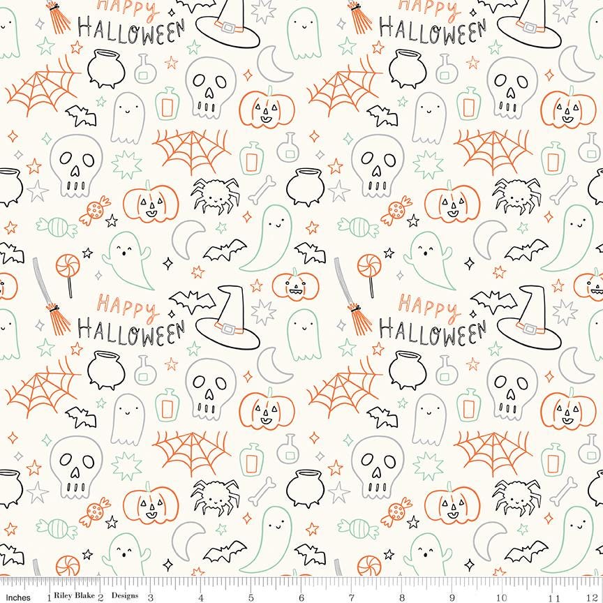 Frank and Friends Halloween 5" Stacker, Riley Blake 5-17470-42, 5" Precut Pink Orange Green Black Halloween Quilt Fabric, My Mind's Eye