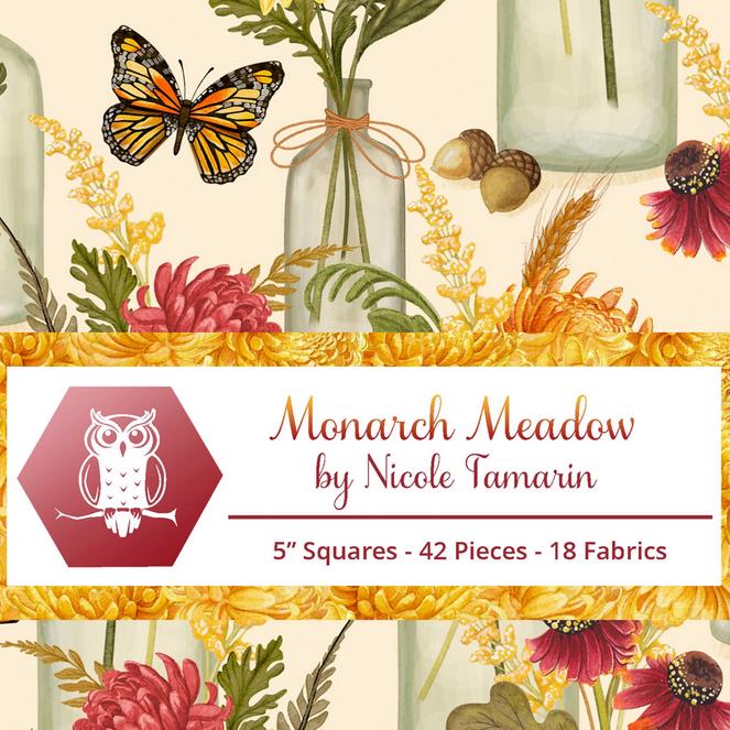 Monarch Meadow 5" Charm Squares, White Owl Fabrics MONARCHMEADOW-05, 5" Precut Monarch Butterfly Butterflies Floral Quilt Fabric Squares
