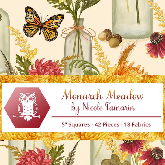 Monarch Meadow 5" Charm Squares, White Owl Fabrics MONARCHMEADOW-05, 5" Precut Monarch Butterfly Butterflies Floral Quilt Fabric Squares