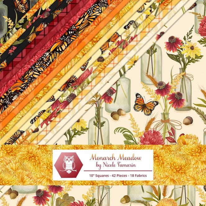 Monarch Meadow 10" Squares, White Owl Fabrics MONARCHMEADOW-10, 10" Precut Monarch Butterfly Butterflies Floral Quilt Fabric Squares