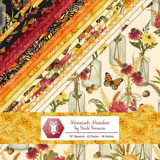 Monarch Meadow 10" Squares, White Owl Fabrics MONARCHMEADOW-10, 10" Precut Monarch Butterfly Butterflies Floral Quilt Fabric Squares