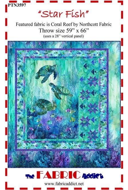 Star Fish Panel Frame Quilt PATTERN, The Fabric Addict FASFN26, Yardage Panel Friendly Stars Fish Panel Frame Throw Quilt Pattern, Bialik