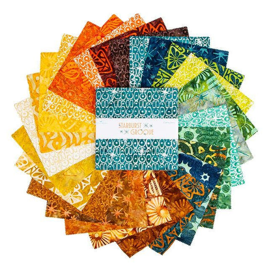 Expressions Batiks Starburst Groove 10" Stacker, Riley Blake 10-23578-42, 10" Precut Orange Green Blue Yellow Brown Batik Fabric Squares