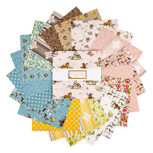 Cowgirl 10" Stacker, Riley Blake 10-17480-42, Pink Blue Brown Yellow Western Floral Highland Cows Boots Quilt Fabric Squares, Echo Park