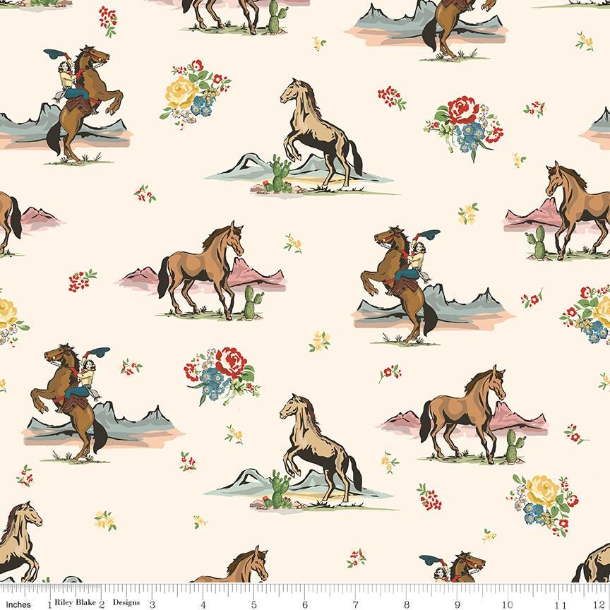 Cowgirl 10" Stacker, Riley Blake 10-17480-42, Pink Blue Brown Yellow Western Floral Highland Cows Boots Quilt Fabric Squares, Echo Park