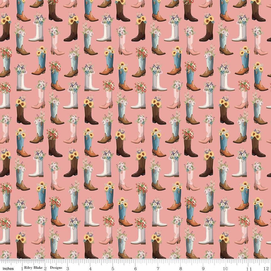 Cowgirl 10" Stacker, Riley Blake 10-17480-42, Pink Blue Brown Yellow Western Floral Highland Cows Boots Quilt Fabric Squares, Echo Park