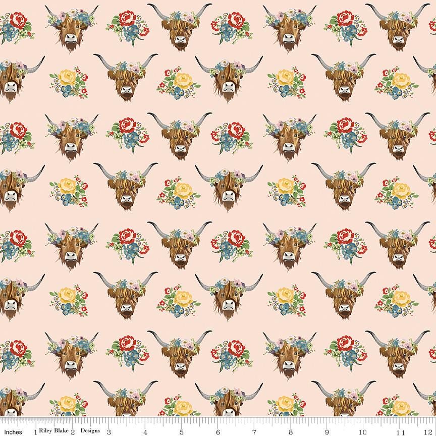 Cowgirl 10" Stacker, Riley Blake 10-17480-42, Pink Blue Brown Yellow Western Floral Highland Cows Boots Quilt Fabric Squares, Echo Park