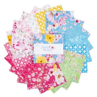 Painted Petals 5" Stacker, Riley Blake 5-17590-42, 5" Precut Pink Blue Green Yellow Floral Charm Pack Fabric Squares, Lila Tueller