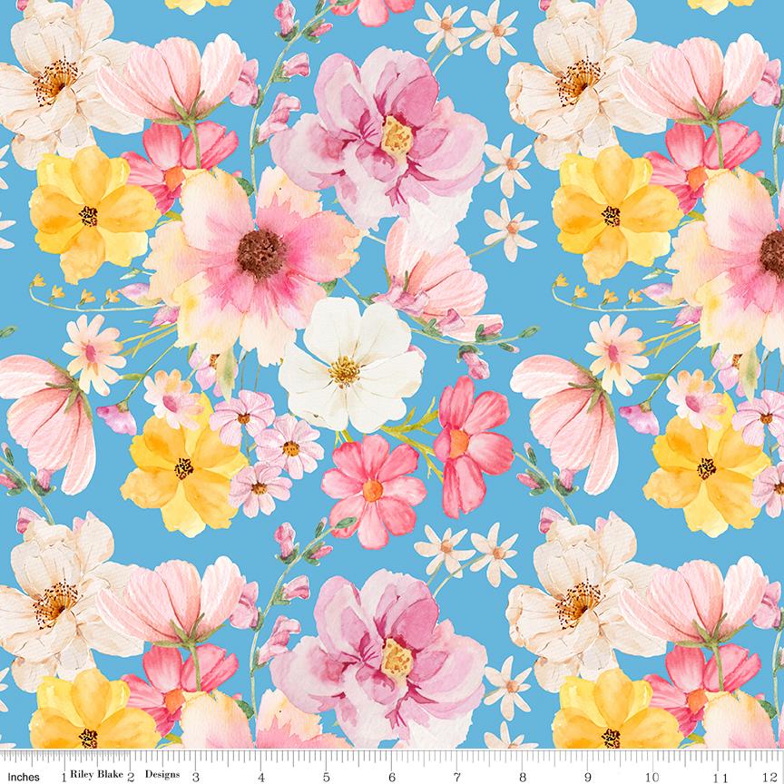 Painted Petals 5" Stacker, Riley Blake 5-17590-42, 5" Precut Pink Blue Green Yellow Floral Charm Pack Fabric Squares, Lila Tueller