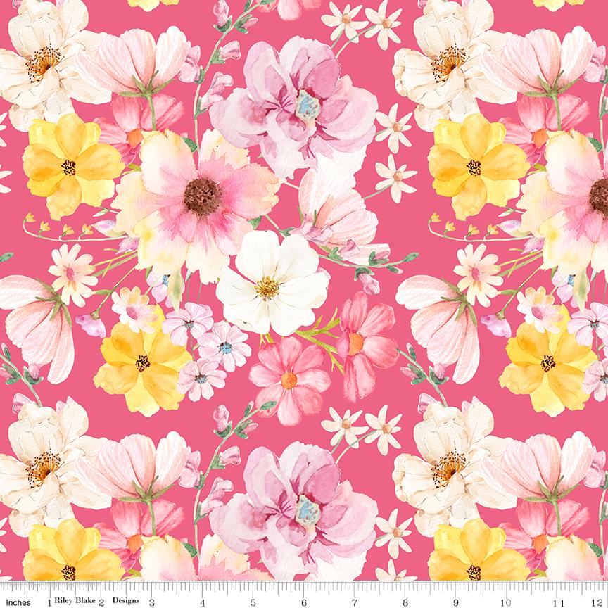 Painted Petals 5" Stacker, Riley Blake 5-17590-42, 5" Precut Pink Blue Green Yellow Floral Charm Pack Fabric Squares, Lila Tueller