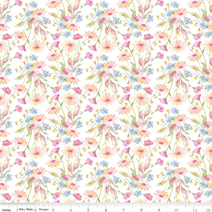 Painted Petals 5" Stacker, Riley Blake 5-17590-42, 5" Precut Pink Blue Green Yellow Floral Charm Pack Fabric Squares, Lila Tueller