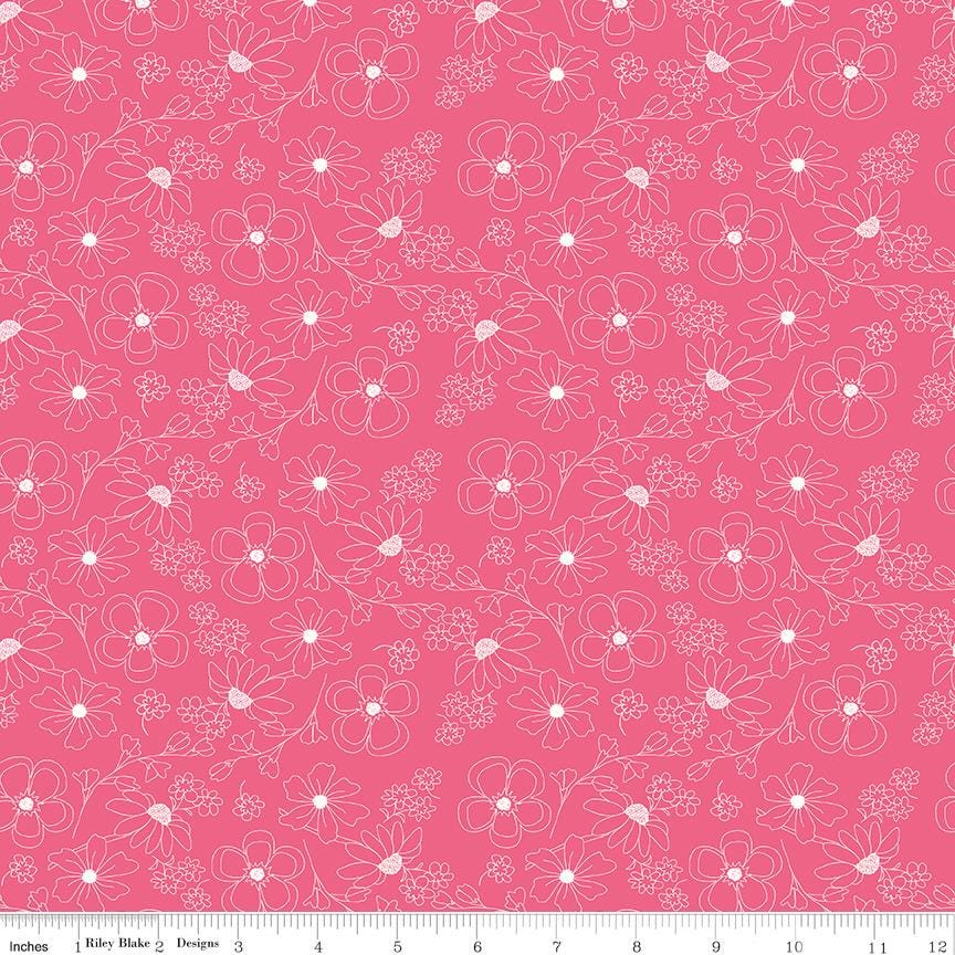 Painted Petals 5" Stacker, Riley Blake 5-17590-42, 5" Precut Pink Blue Green Yellow Floral Charm Pack Fabric Squares, Lila Tueller
