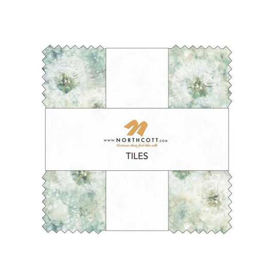 Whisper 10" Tiles, Northcott TWHISPER42-10, 10" Precut Teal Green Cream Floral Dandelions Cotton Quilt Fabric Squares