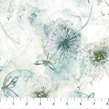 Whisper 10" Tiles, Northcott TWHISPER42-10, 10" Precut Teal Green Cream Floral Dandelions Cotton Quilt Fabric Squares