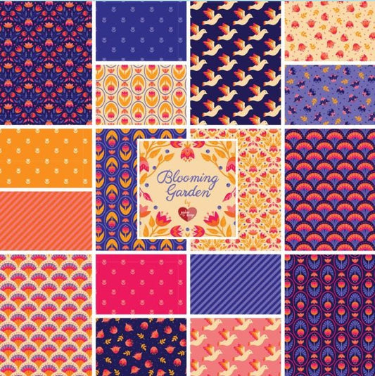Blooming Garden 5" Fabric Squares, Cloud9 Fabrics 600501-X, 5" Precut Purple Orange Pink Blue Floral Quilt Fabric Squares