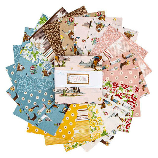 Cowgirl 5" Stacker, Riley Blake 5-17480-42, Precut Pink Blue Brown Yellow Western Floral Highland Cows Boots Quilt Fabric Squares, Echo Park