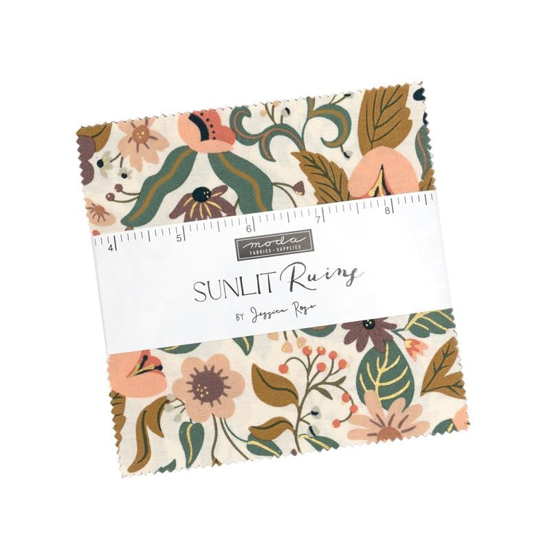 Sunlit Ruins 5" Charm Pack, Moda 38160PP, 5" Precut Cream Brown Gray Green Blue Plum Floral Charm Pack Fabric Squares, Jessica Rose