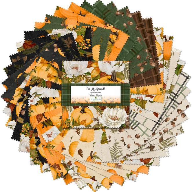 Oh My Gourd 5 Karat Crystals, Wilmington Prints 893-508, Precut 5" Fall Autumn Thanksgiving Pumpkins Floral Fabric Squares Charm Pack