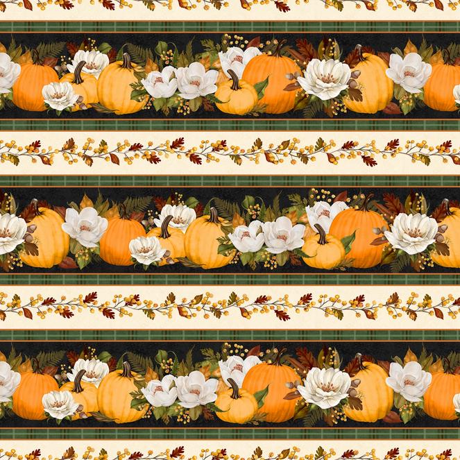 Oh My Gourd- Autumn Fall Pumpkins Floral Border Print Fabric, Wilmington Prints 27743-928, Repeating Stripe Thanksgiving Fabric, By the Yard