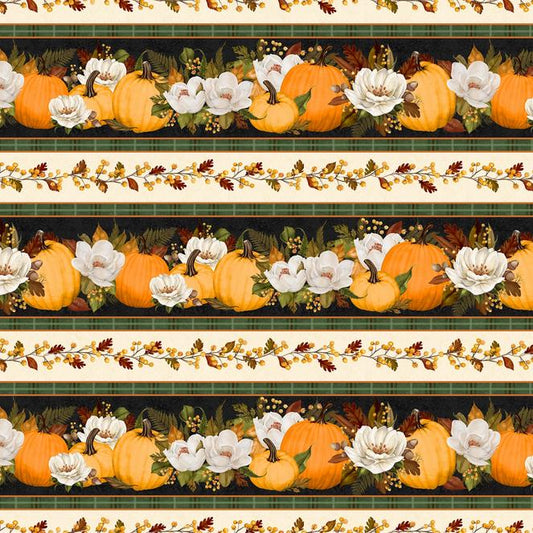 Oh My Gourd- Autumn Fall Pumpkins Floral Border Print Fabric, Wilmington Prints 27743-928, Repeating Stripe Thanksgiving Fabric, By the Yard