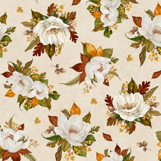 Oh My Gourd- Autumn Fall Magnolias on Cream Floral Fabric, Wilmington Prints 27745-272, Magnolias on Cream Thanksgiving Fabric, By the Yard