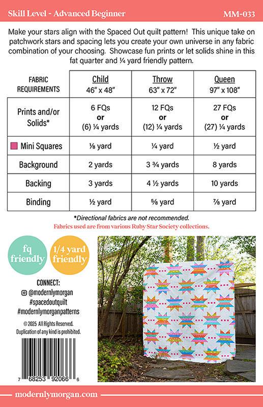 Spaced Out Quilt Pattern, Modernly Morgan MM033, Fat Quarter Friendly Beginner Child Throw Twin Queen Bed Quilt Pattern, Morgan McCollough